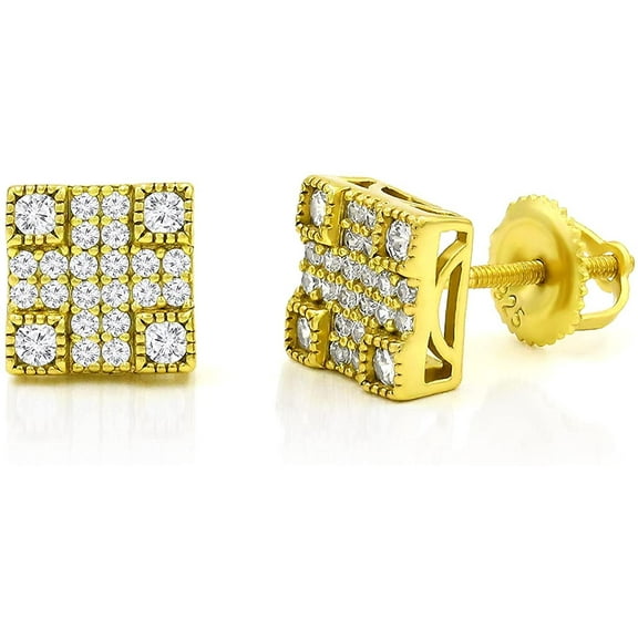 925 Sterling Silver Unisex Square 3D Screw Back Stud Earring, Men's, Women, Gold Plated 3 Dimensional Micro Pave CZ Cubic Zirconia, Giorgio Bergamo Gold