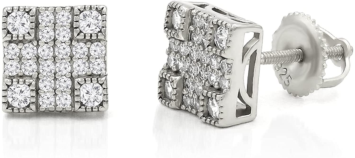 925 Sterling Silver Unisex Square 3D Screw Back Stud Earring, Men's, Women, Gold Plated 3 Dimensional Micro Pave CZ Cubic Zirconia, Giorgio Bergamo Silver