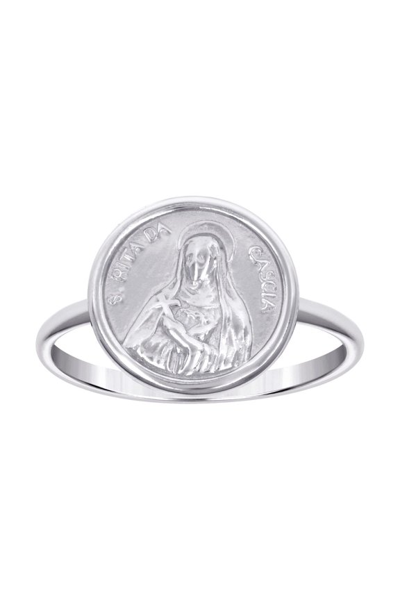 925 Sterling Silver Unisex St Rita Da Cascia Religious Ring 12.1x1.3mm Wide Size 8 Ring for Women