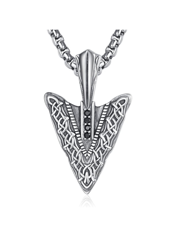 925 Sterling Silver Viking Arrowhead Necklace for Men, Vintage Celtic Knot Spear Point Pendant with Black CZ Stones, Norse Warrior Protection Amulet Jewelry Gift for Friend Husband