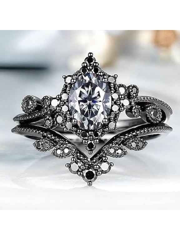 925 Sterling Silver Vintage Bridal Ring Set for Women, Oval Cut Diamond CZ, Black Plated - Dreamofdazzles Jewels -9.5