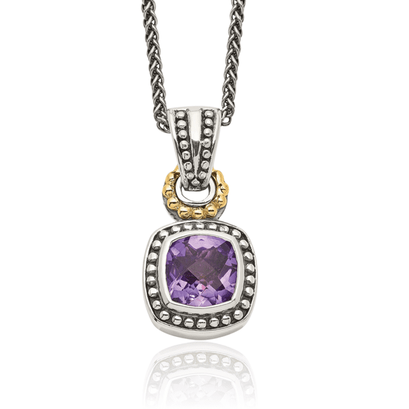 925 Sterling Silver Vintage Cushion-Cut Purple Amethyst Chain Necklace Gemstone Pendant Charm