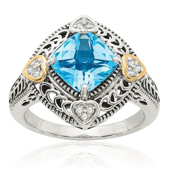 925 Sterling Silver Vintage Diamond Cushion-Cut Swiss Blue Topaz Ring Gemstone Band