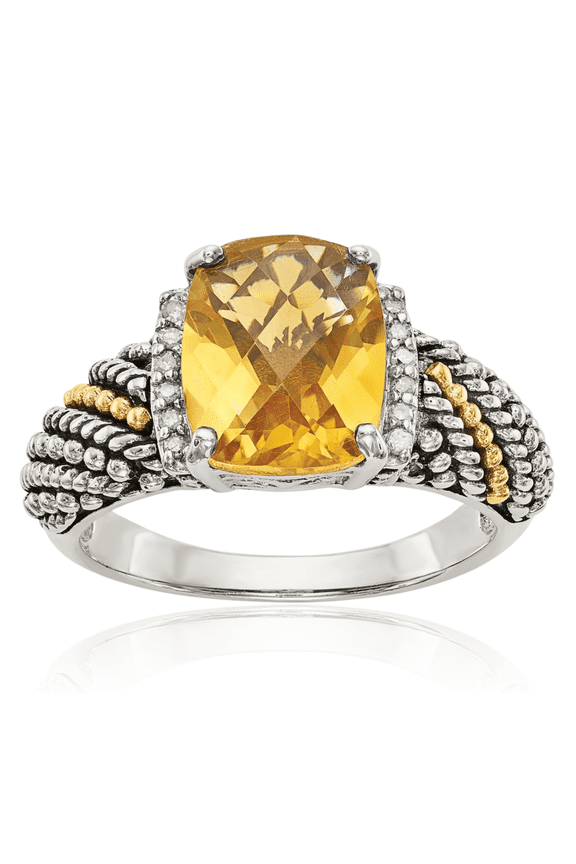 925 Sterling Silver Vintage Diamond Cushion-Cut Yellow Orange Citrine Ring Gemstone Band