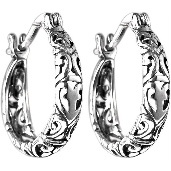925 Sterling Silver Vintage Filigree Hoop Earrings for Women Floral Flower Heart Clip-on Small Huggie Hoop Earrings Lightweight Oval Hoop Earrings Jewelry Christmas Gifts for Mom