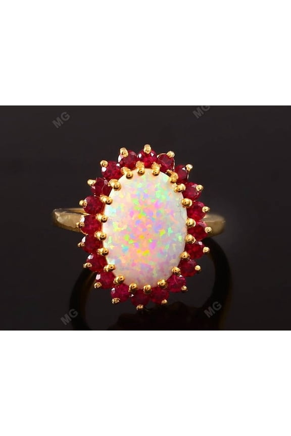 925 Sterling Silver Vintage Oval Fire Opal & Round Red Garnet Cluster Ring Unique and Timeless Traditional Women's Jewelry Gift for Her-Silver-6.5