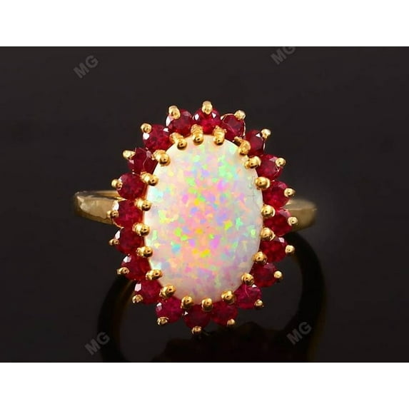 925 Sterling Silver Vintage Oval Fire Opal & Round Red Garnet Cluster Ring Unique and Timeless Traditional Women's Jewelry Gift for Her-Silver-7