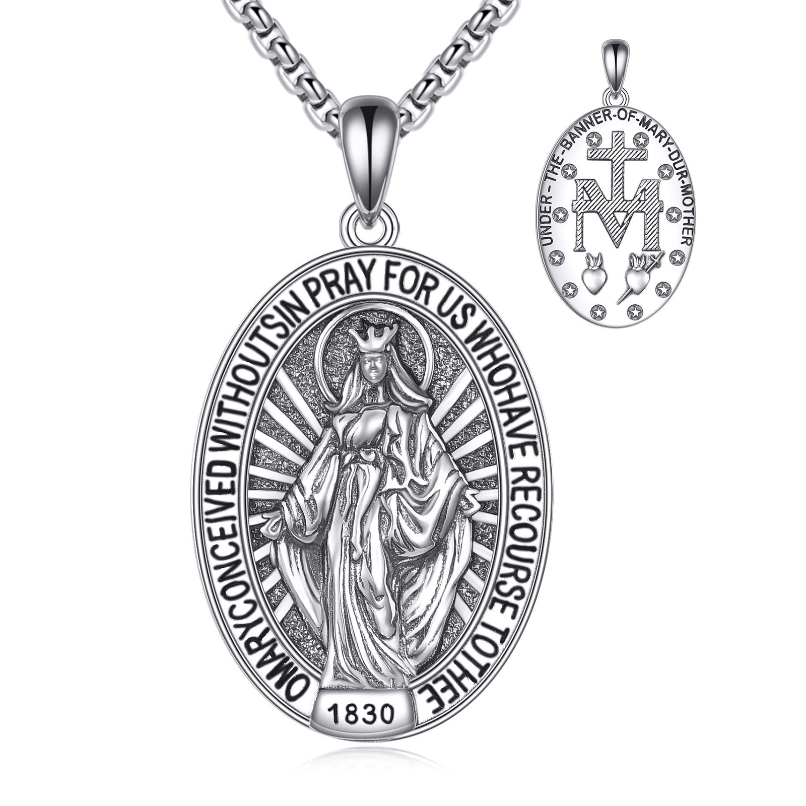 925 Sterling Silver Virgin Mary Necklace for Men Women Miraculous Medal ...