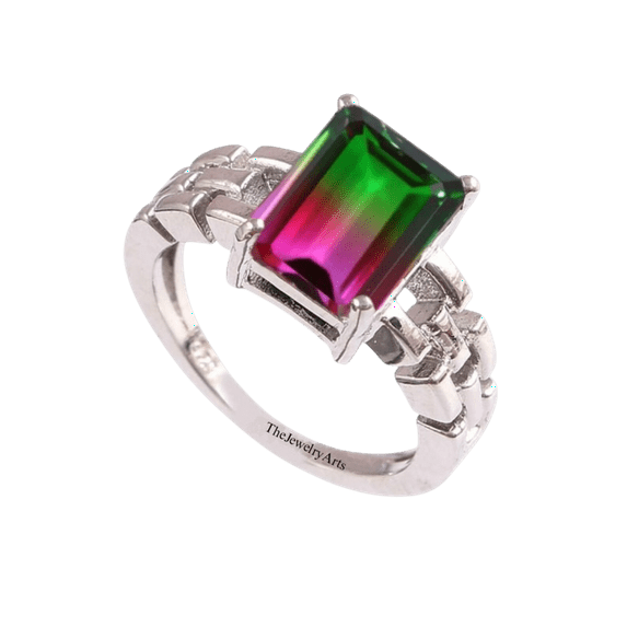 925 Sterling Silver Watermelon Tourmaline Gemstone Ring Emerald Cut Gems Unique & Attractive Handmade Jewelry Elegant Gift Ring Rose Gold 13.5
