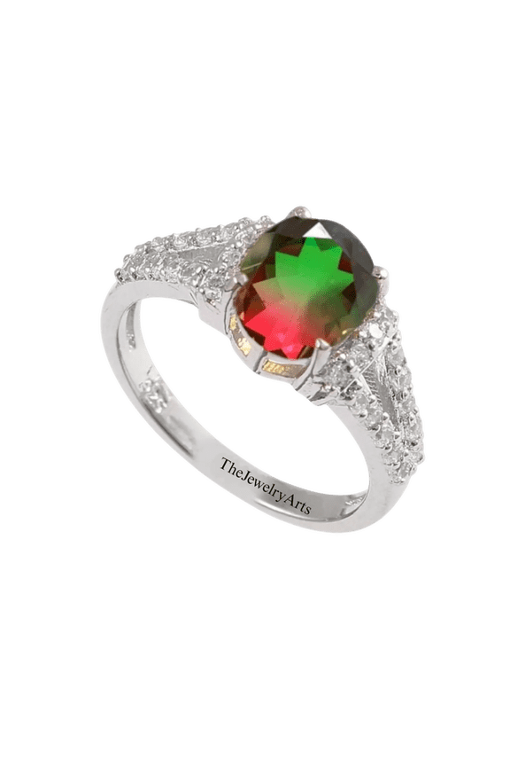925 Sterling Silver Watermelon Tourmaline Quartz Ring Oval Bi-Color Gemstone with Pink & Green Hues Handmade Boho Jewelry – Bio Color Statement Ring for Women Black Vermeil 5