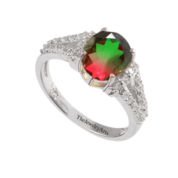 925 Sterling Silver Watermelon Tourmaline Quartz Ring Oval Bi-Color Gemstone with Pink & Green Hues Handmade Boho Jewelry – Bio Color Statement Ring for Women Rose Gold 10