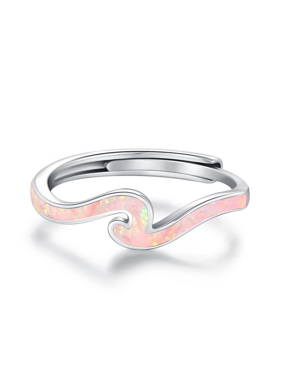 925 Sterling Silver Waves Rings Pink Waves Rings Adjustable Opal Ring Nature Ocean Jewelry Gifts for Women Birthday Anniversary