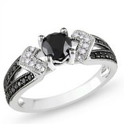 MERAVI JEWELERS 925 Sterling Silver Wedding Band Women's Black Engagement Ring Clear Cz Accent Stones