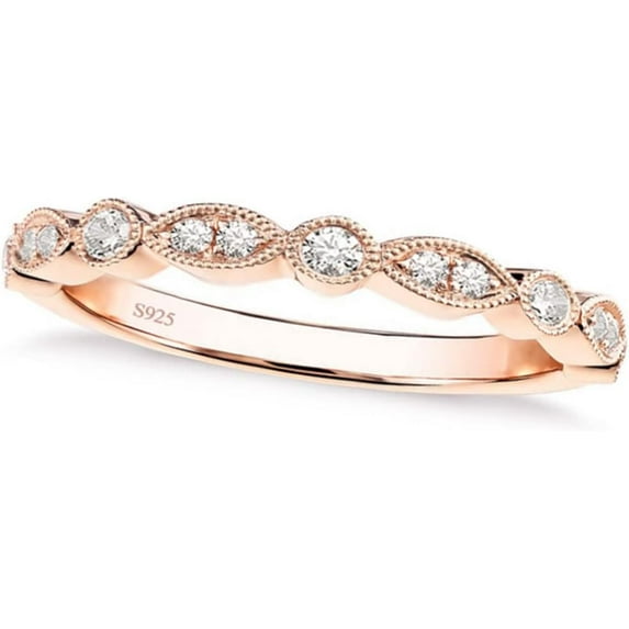 925 Sterling Silver Wedding Band for Women Cubic Zirconia Marquise & Round Milgrain Half Eternity Stackable Ring Size 5-10