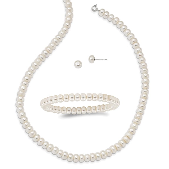 925 Sterling Silver White 6-7mm 3 piece Freshwater Cultured Pearl Necklace, Earrings, Bracelet Set