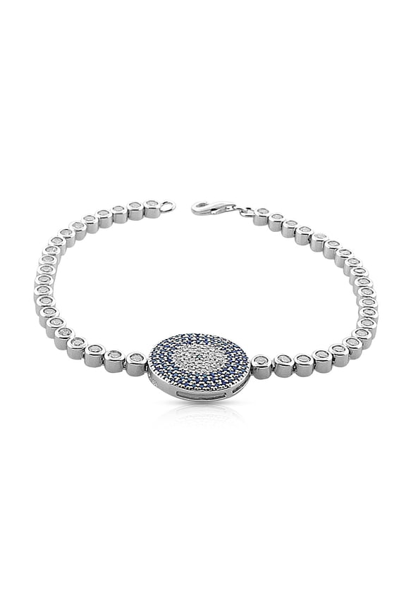 925 Sterling Silver White Blue Bezel-Set CZ Evil Eye Womens Tennis Bracelet