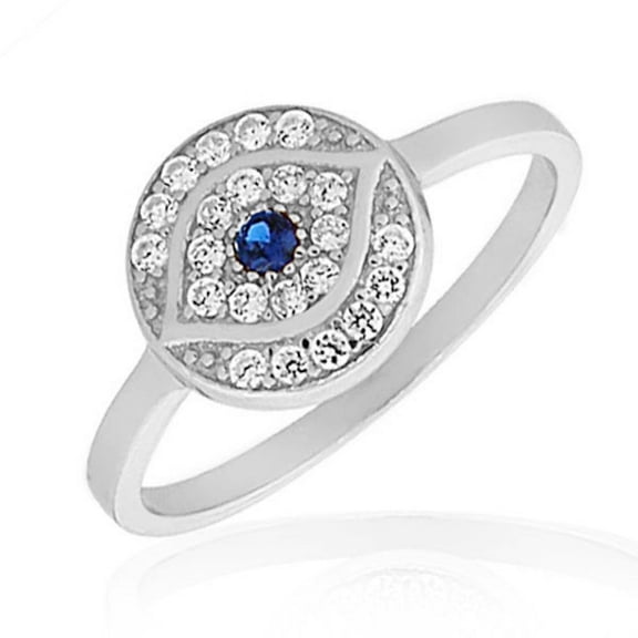 925 Sterling Silver White Blue CZ Evil Eye Protection Ring Band - Size 8