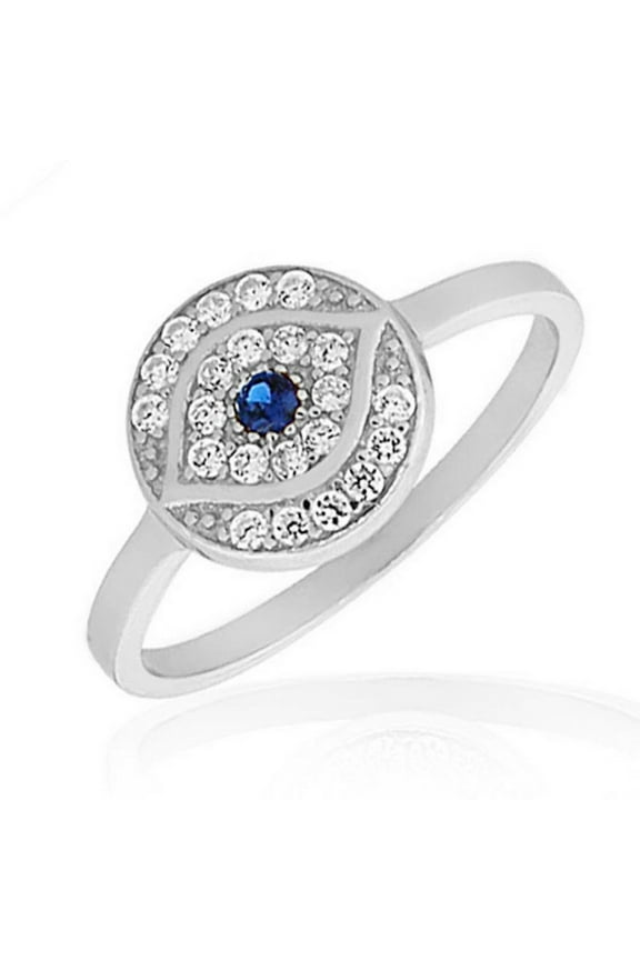 925 Sterling Silver White Blue CZ Evil Eye Protection Ring Band - Size 8