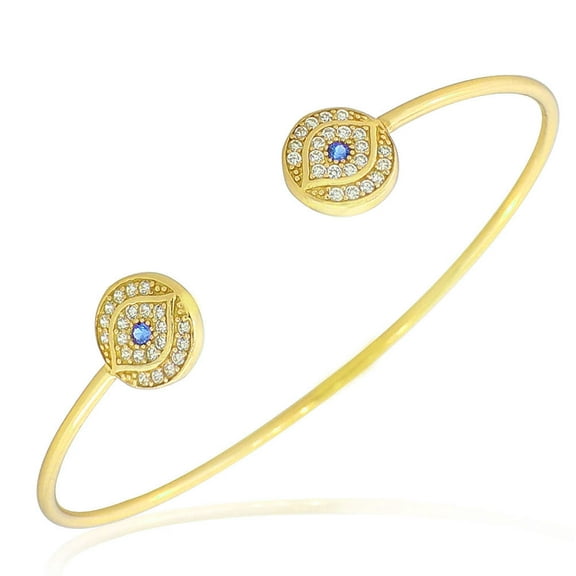 925 Sterling Silver White Blue CZ Protection Evil Eye Open End Bangle Bracelet
