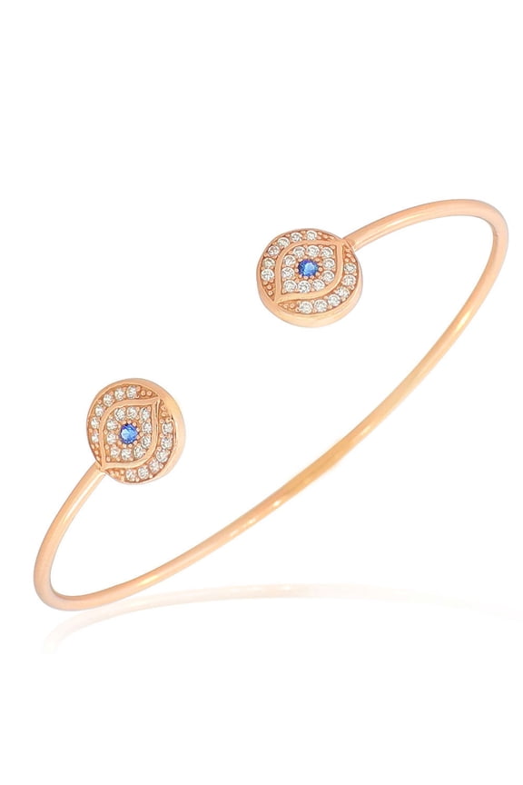 925 Sterling Silver White Blue CZ Protection Evil Eye Open End Bangle Bracelet