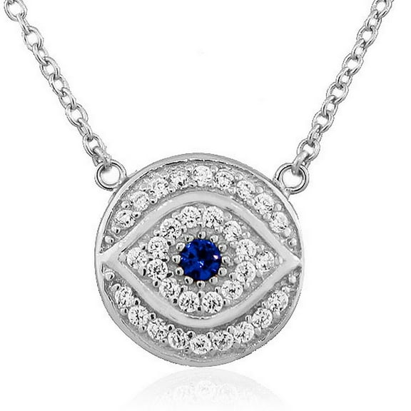 925 Sterling Silver White Blue CZ Round Hamsa Evil Eye Womens Pendant Necklace