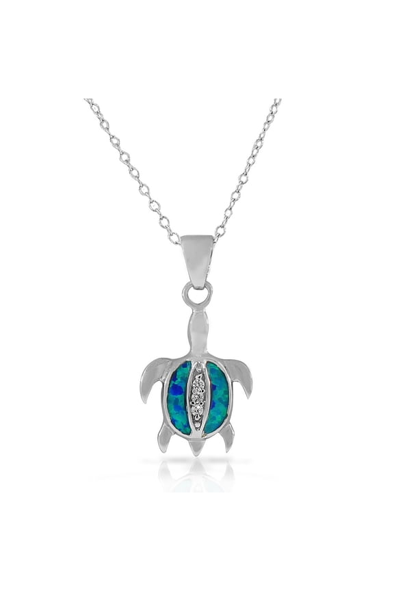 925 Sterling Silver White CZ Blue Turquoise-Tone Simulated Opal Turtle Pendant Necklace