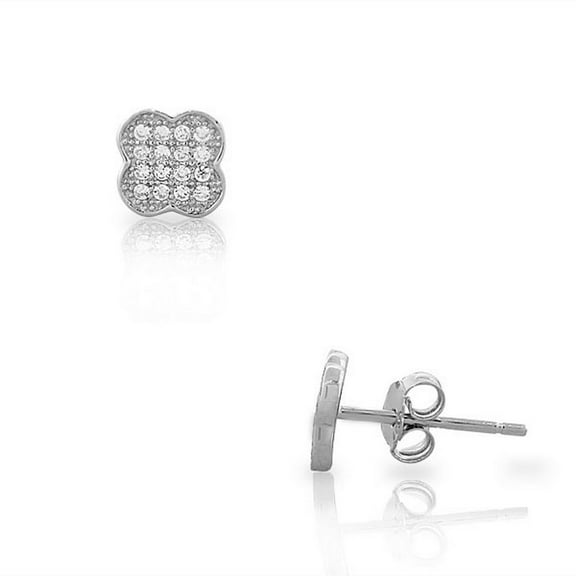 925 Sterling Silver White CZ Clover Flower Small Womens Stud Earrings