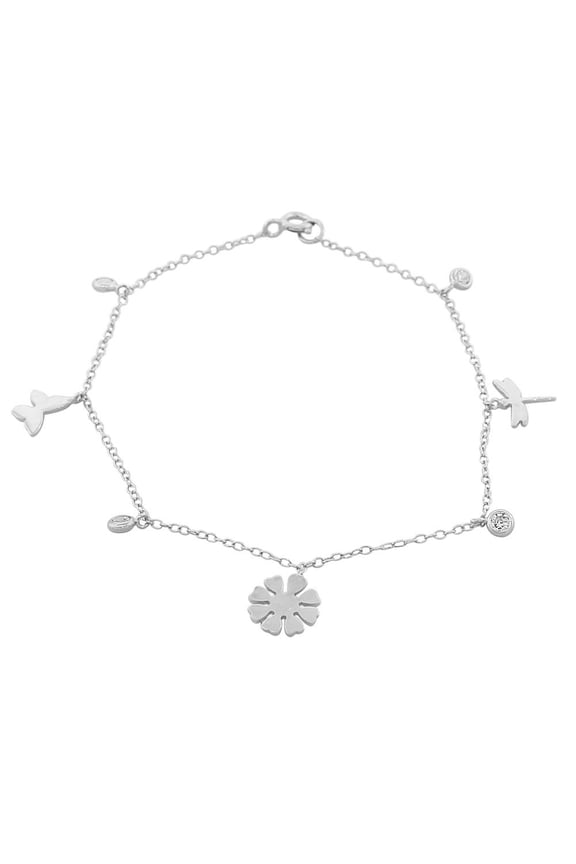925 Sterling Silver White CZ Dragonfly Flower Womens Girls Link Chain Bracelet