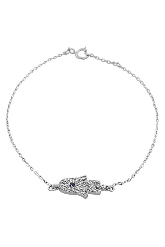 925 Sterling Silver White CZ Hamsa Evil Eye Link Chain Bracelet