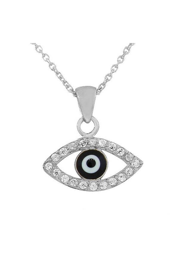 925 Sterling Silver White CZ Hamsa Evil Eye Pendant Necklace