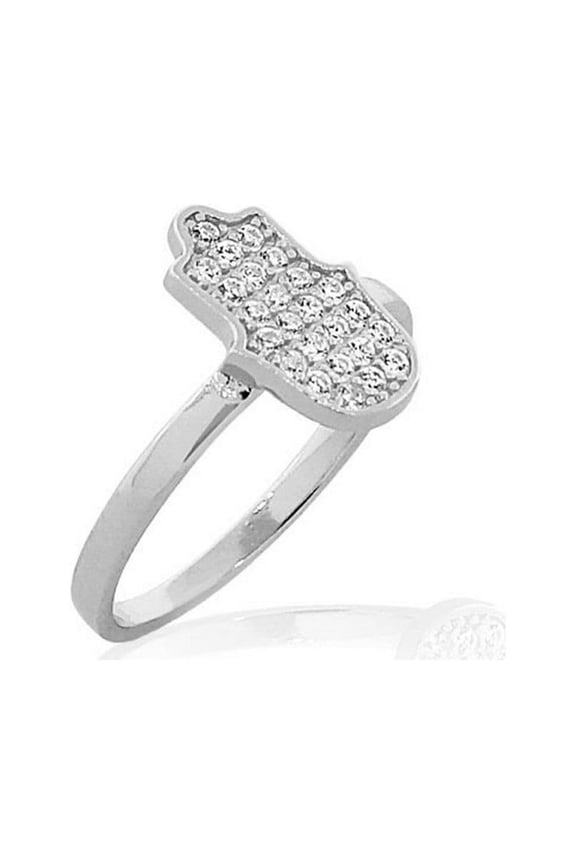 925 Sterling Silver White CZ Hamsa Hand Good Luck Ring Band - Size 5