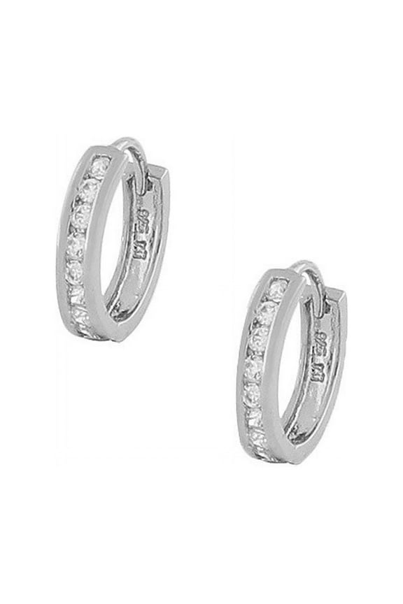 925 Sterling Silver White CZ Hoop Huggie Earrings