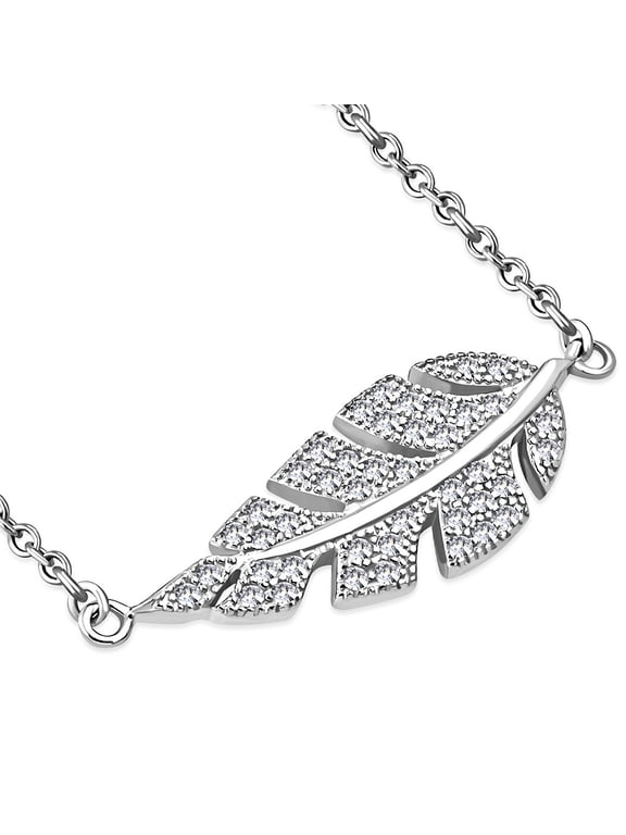 925 Sterling Silver White CZ Sideways Feather Leaf Pendant Necklace