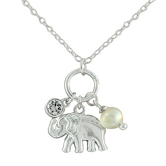 925 Sterling Silver White CZ Simulated Pearl Elephant Pendant Necklace