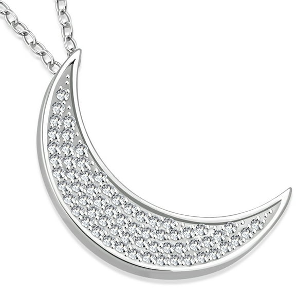 925 Sterling Silver White CZ Womens Crescent Half-Moon Pendant Necklace