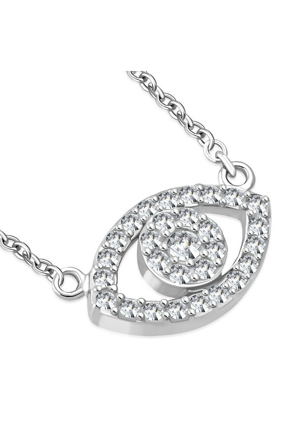 925 Sterling Silver White CZ Womens Evil Eye Hamsa Pendant Necklace