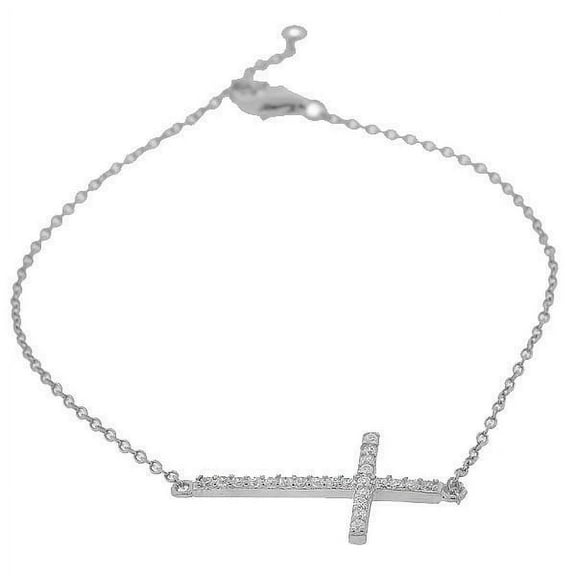 925 Sterling Silver White CZ Womens Horizontal Sideways Cross Link Chain Bracelet