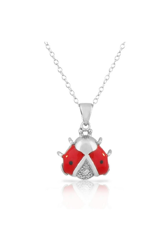 925 Sterling Silver White CZ Womens Red Ladybug Pendant Necklace