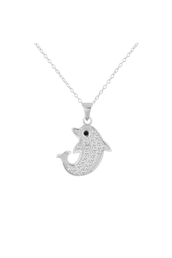 925 Sterling Silver White Clear Black CZ Dolphin Pendant Necklace, 18"