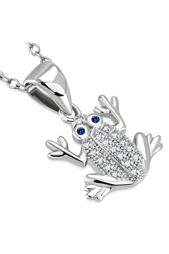 925 Sterling Silver White Clear Blue CZ Frog Pendant Necklace
