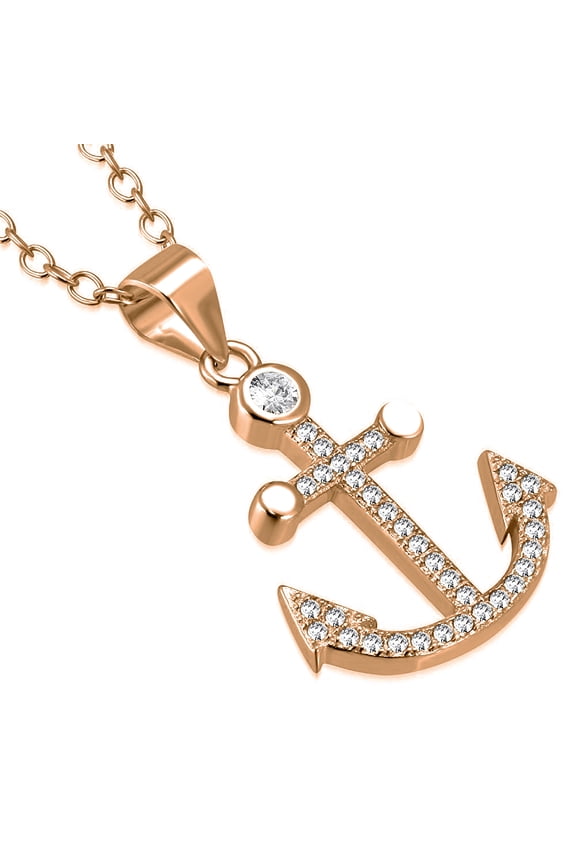 925 Sterling Silver White Clear CZ Anchor Marine Pendant Necklace, 18"