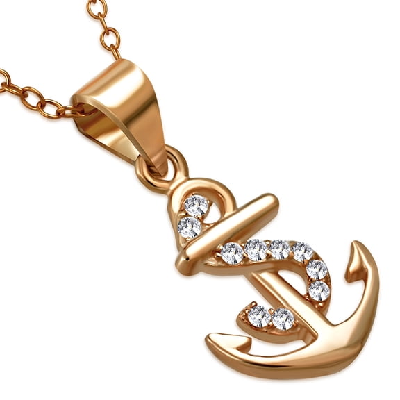 925 Sterling Silver White Clear CZ Anchor Marine Pendant Necklace, 18"