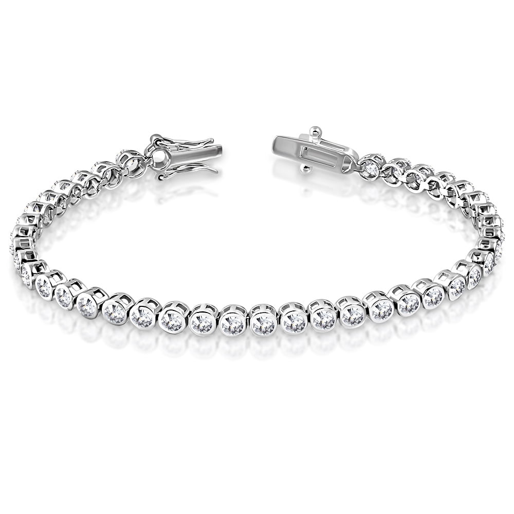 925 Sterling Silver White Clear Cz Bezel Set Tennis Bracelet 7