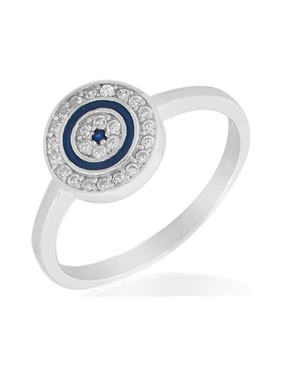 925 Sterling Silver White Clear CZ Blue Enamel Evil Eye Protection Ring Band - Size 7