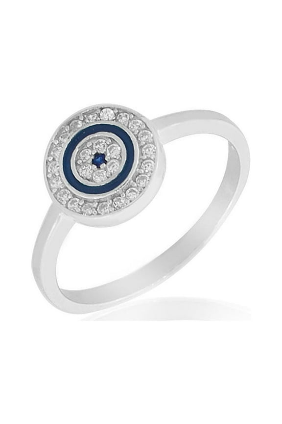 925 Sterling Silver White Clear CZ Blue Enamel Evil Eye Protection Ring Band - Size 7