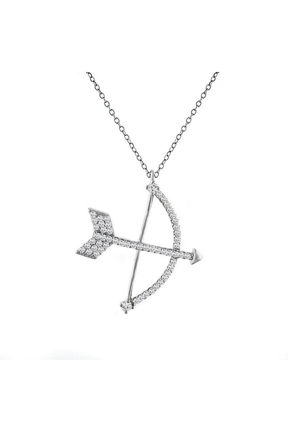 925 Sterling Silver White Clear CZ Bow Arrow Pendant Necklace, 18"