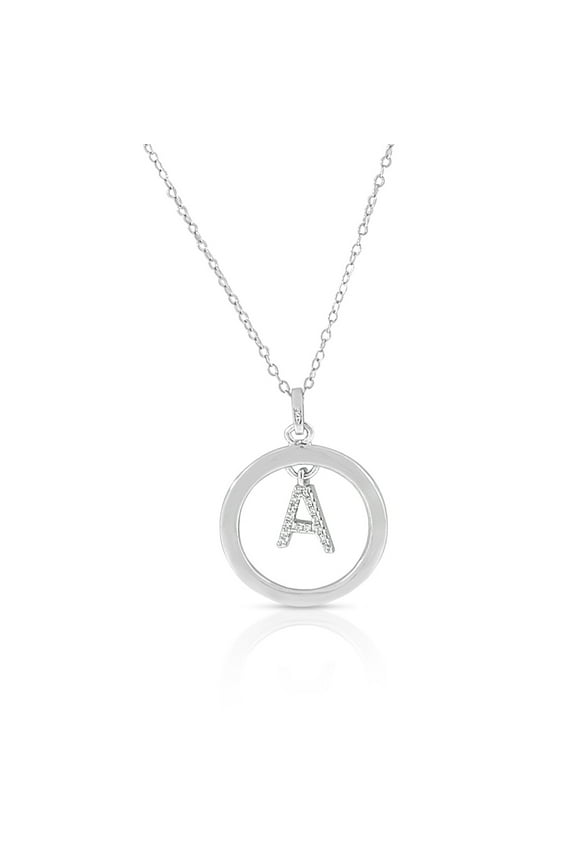 925 Sterling Silver White Clear CZ Circle Letter Initial Pendant Necklace, 18" - A