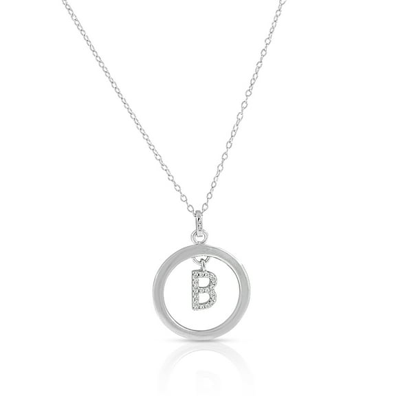 925 Sterling Silver White Clear CZ Circle Letter Initial Pendant Necklace, 18" - B