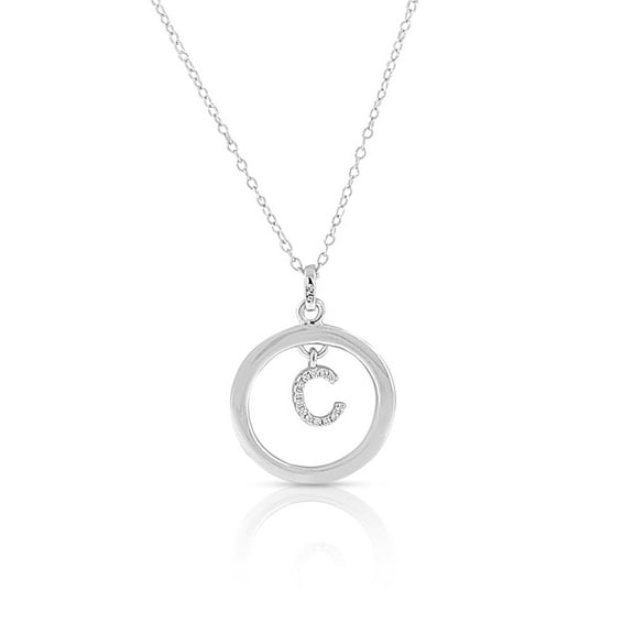 Sterling Silver White Clear CZ Circle Letter Initial Pendant Necklace, 18"