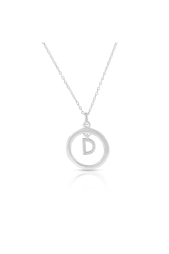 925 Sterling Silver White Clear CZ Circle Letter Initial Pendant Necklace, 18" - D